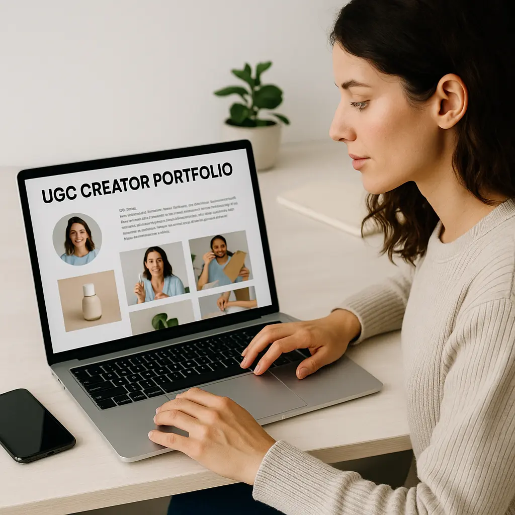 A young woman organizing video clips and product photos on a laptop, representing a professional ugc creator portfolio setup.