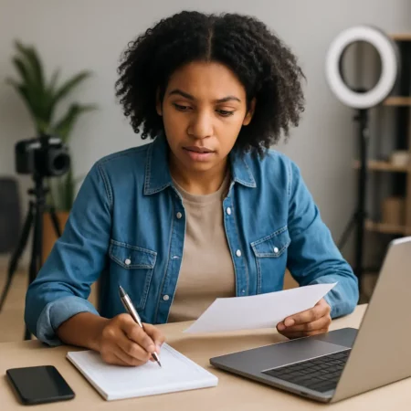 An African American female content creator sitting at a desk with a laptop, reviewing earnings and payments, representing ugc creator salary tracking.