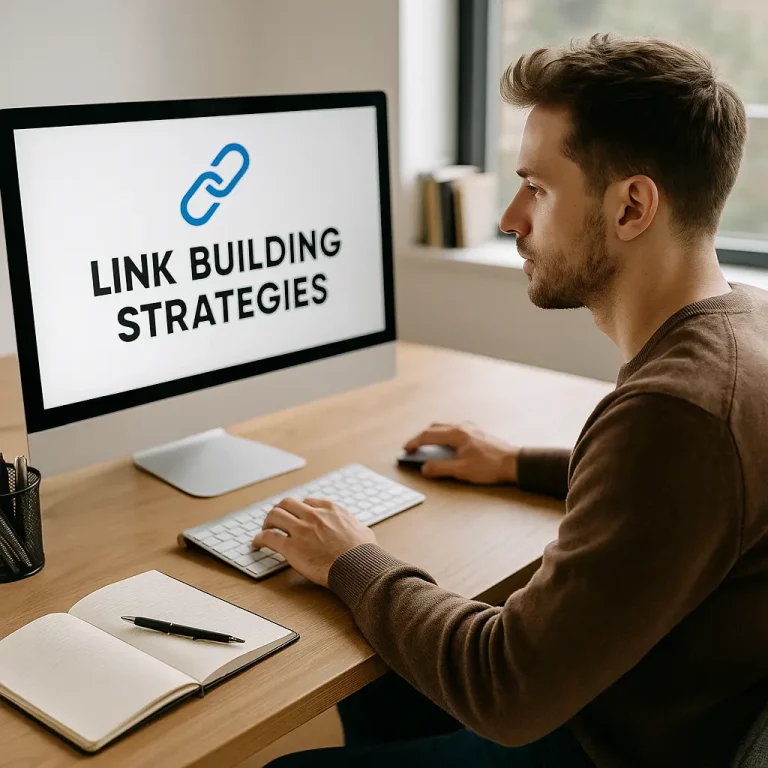 Young man working on backlink strategies for affiliate marketing at a modern desk with a laptop and digital marketing charts.