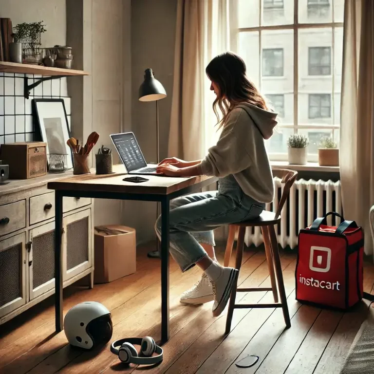 Woman working from a kitchen table surrounded by gig economy apps essentials like a delivery helmet, Instacart bag, and laptop