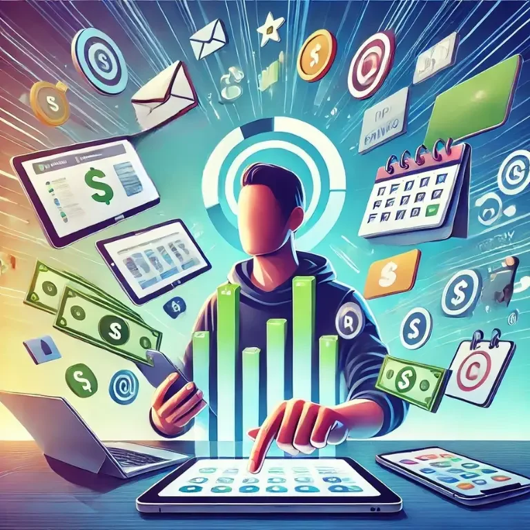 A person using multiple devices—laptop, tablet, and smartphone—to complete surveys money tasks, surrounded by floating icons of cash, gift cards, a calendar, and referral symbols representing ways to increase online survey earnings.