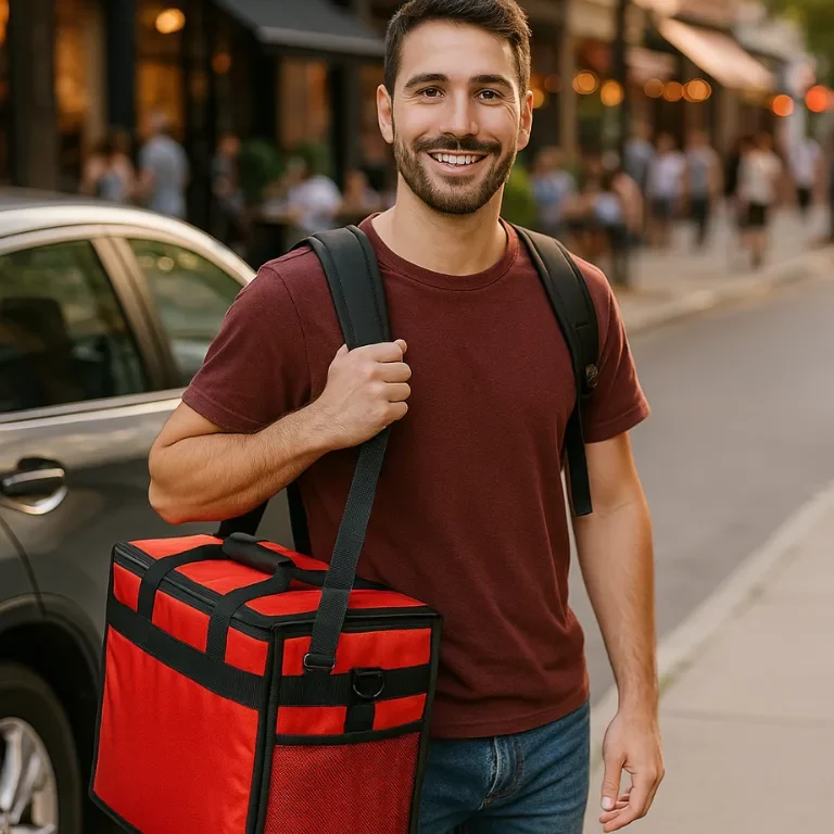 A young male delivery driver with a red insulated bag stands on a city sidewalk next to his car, representing flexible work opportunities with the best delivery gig apps in 2025.