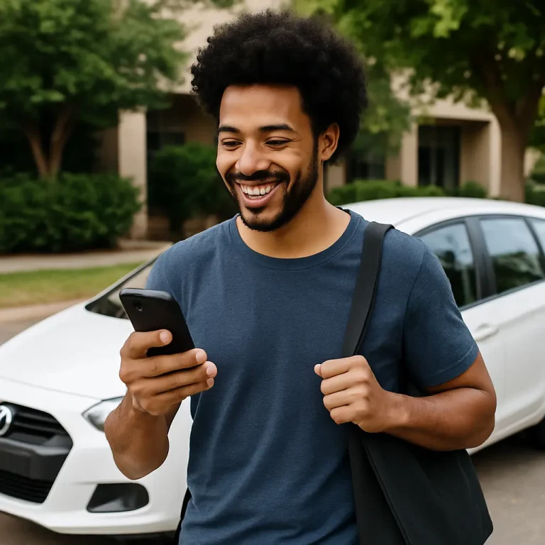 A cheerful gig worker stands near his car, checking his phone for orders, representing success while exploring which gig app pays the most in 2025.