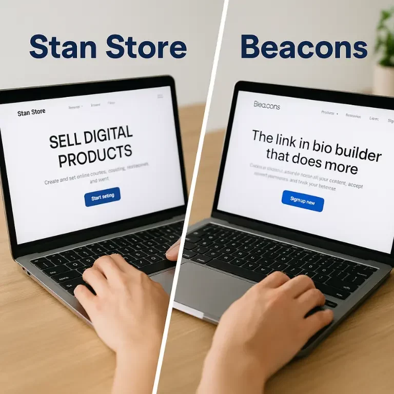 A clean digital photograph comparing Stan Store vs Beacons on two laptop screens side by side, symbolizing a head-to-head platform evaluation.