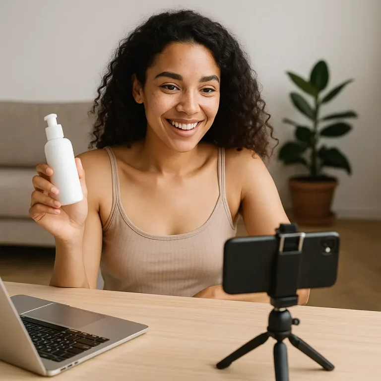 A female ugc creator recording a skincare product video with her phone and laptop in a home studio setup.
