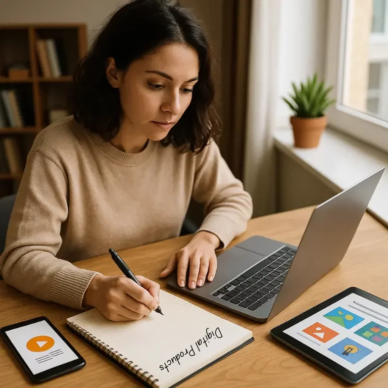 A photo of a woman sitting at a wooden desk, writing digital product ideas in a notepad, with a laptop and coffee nearby—capturing the process of planning digital products.