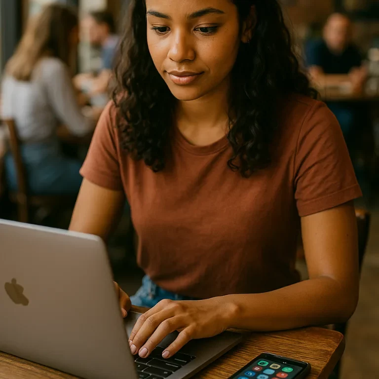 A focused young freelancer working on a laptop in a cozy café, representing the flexibility of the highest paying gig apps in 2025.