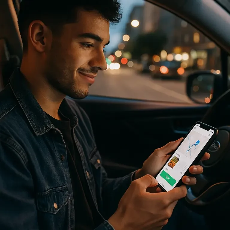 Young gig worker sitting in car checking gig apps that pay daily to start earning fast cash.